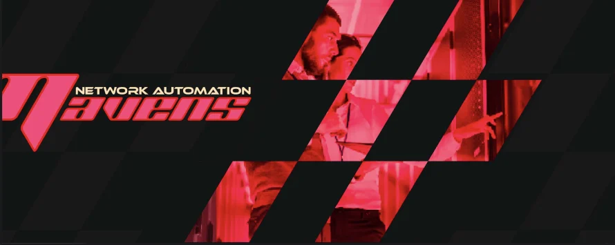 Network Automation Mavens banner with red racing stripes over a data-centre photo