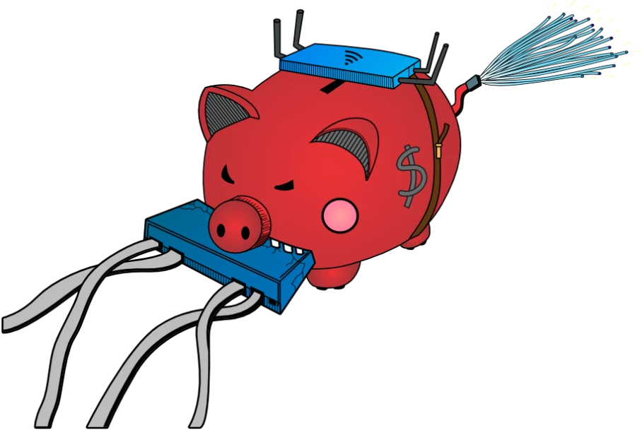 The RG Nets piggy-bank mascot with a network card in its mouth