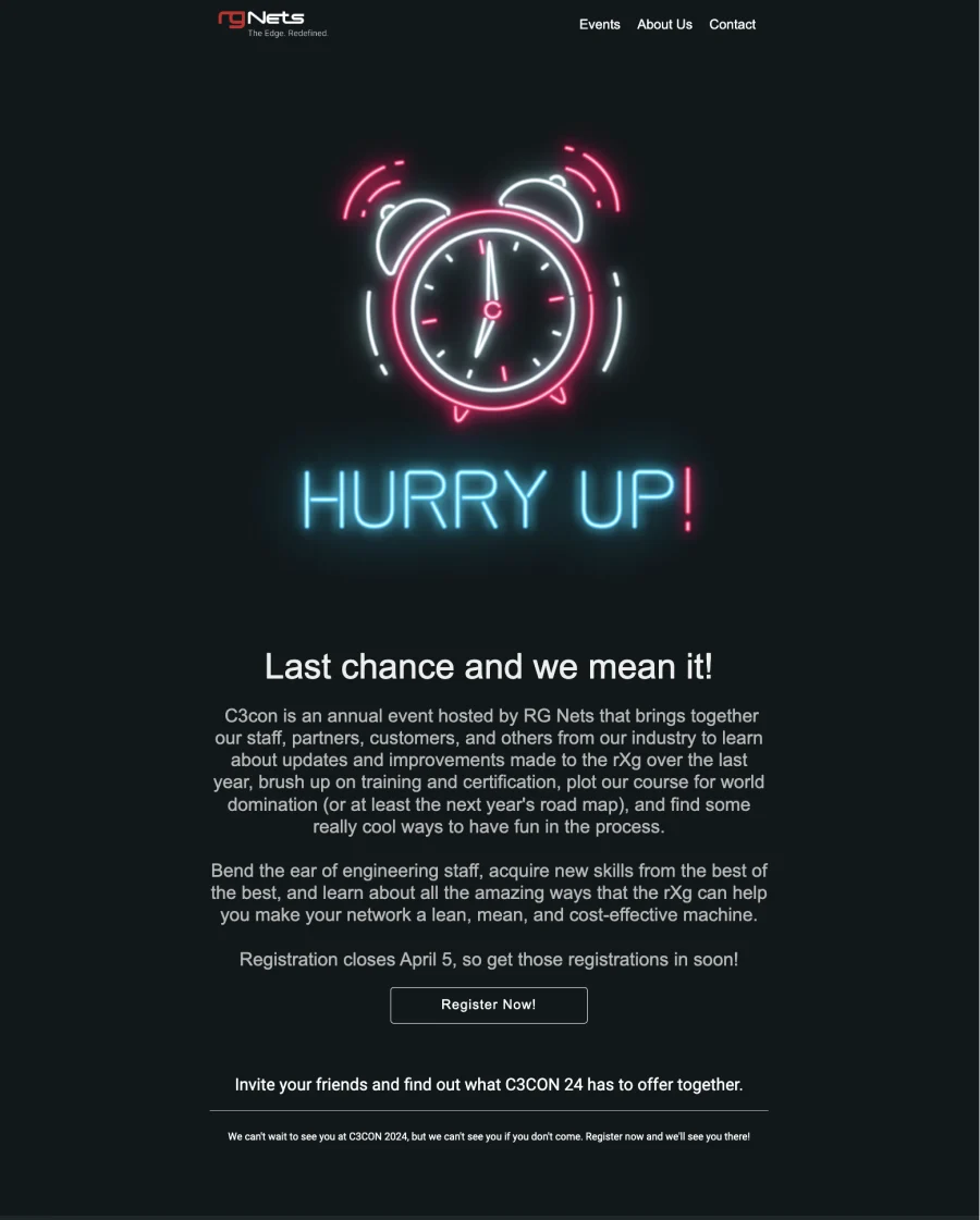 'Hurry up!' last-chance registration email with a neon alarm clock