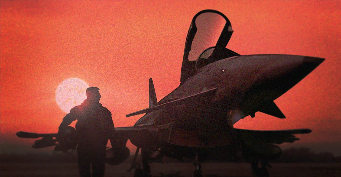 Pilot silhouette beside a fighter jet at sunset — the dogfight flight experience