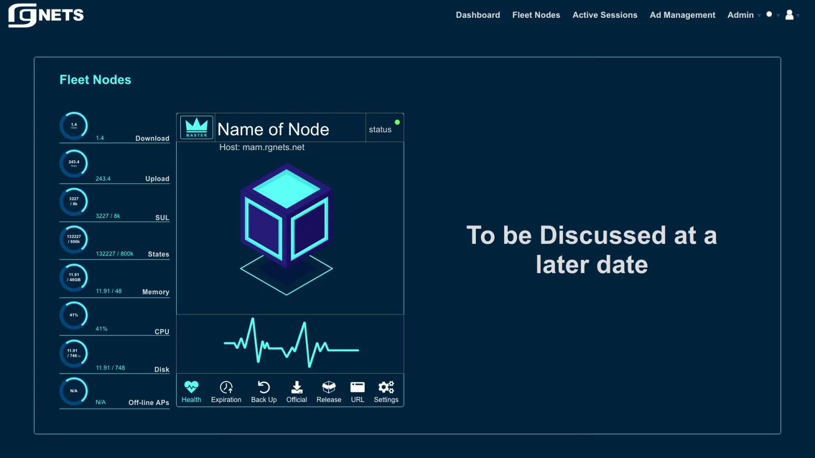 Fleet 1.0 node card concept: the cube node with a heartbeat trace and health, expiration and backup actions