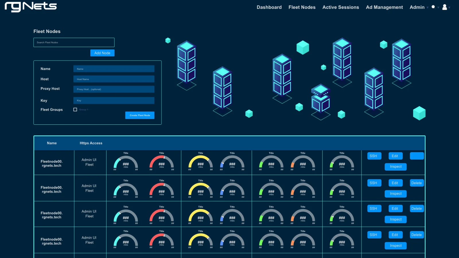 Fleet 1.0 home concept: isometric cube nodes above a table of node throughput gauges
