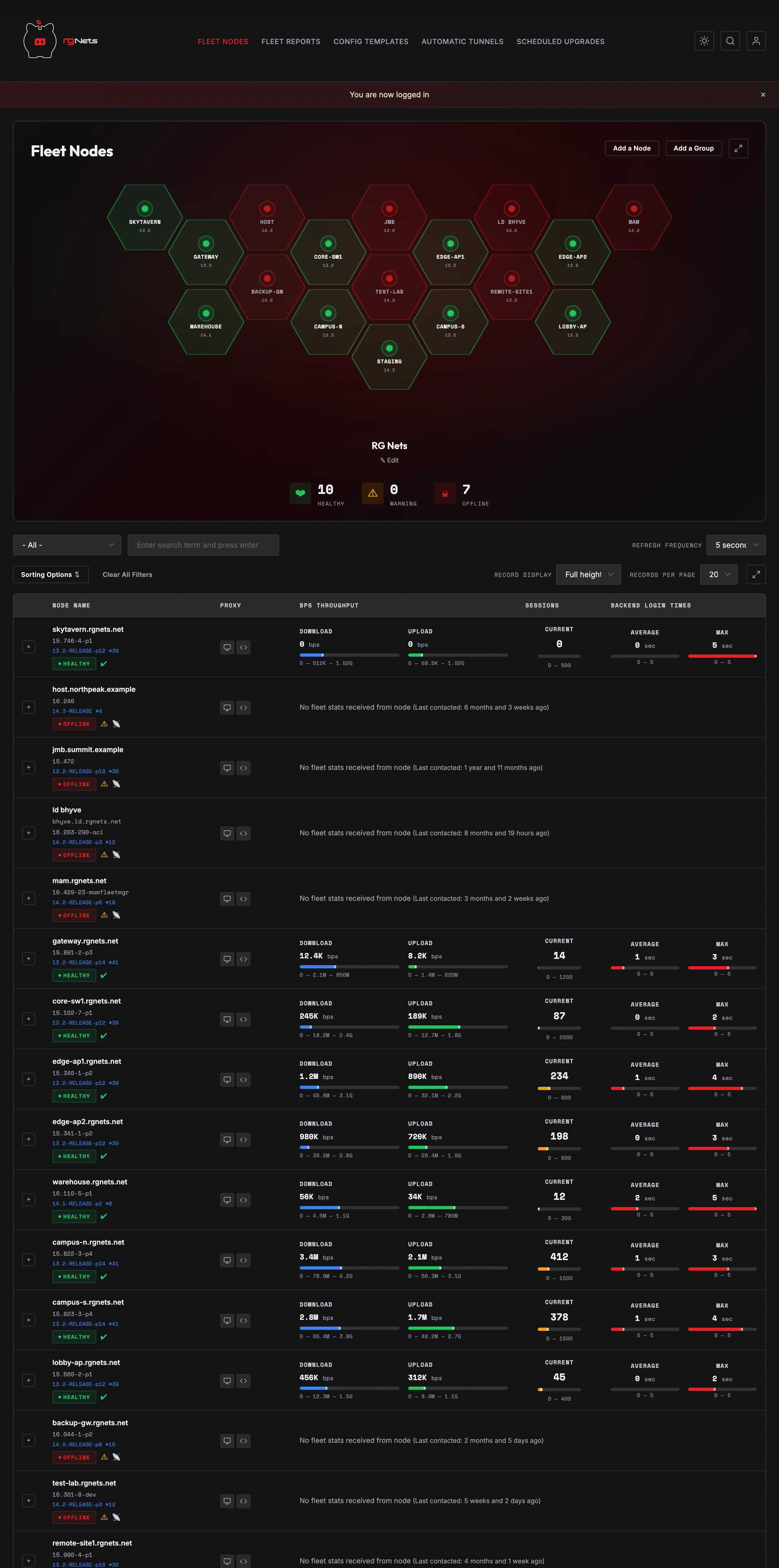 Fleet Manager 2.0 dashboard in dark mode, full page, placeholder data