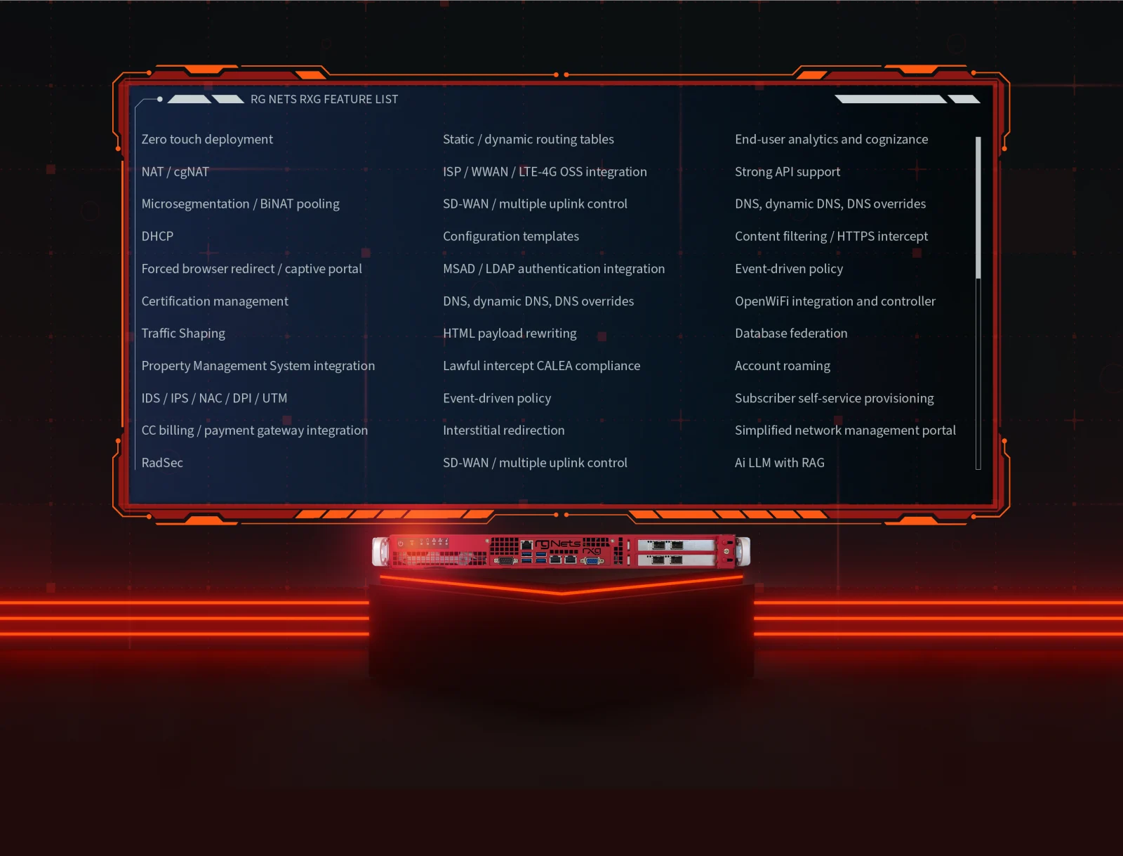 rXg feature-list panel in the product UI